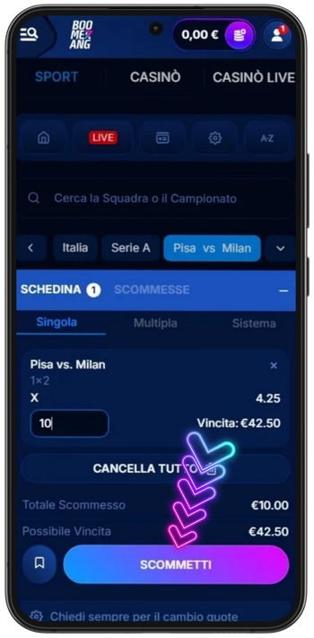 Boomerangbet Conferma scommessa