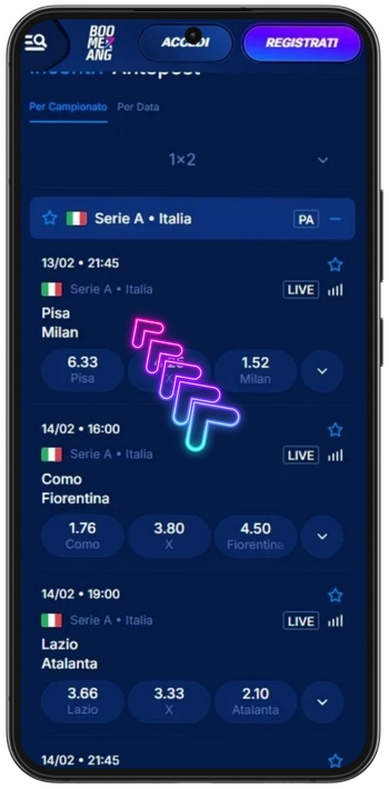 Selezione evento BoomerangBet